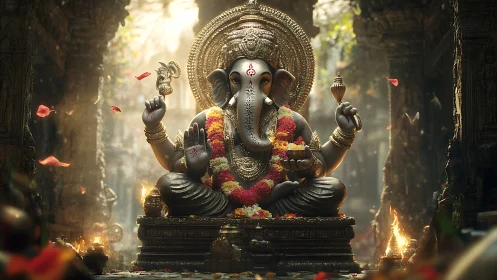 Ganesh idol in ornate stone temple with warm ritual light.