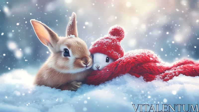 Snow-kissed bunnies snuggle in scarlet winter magic.