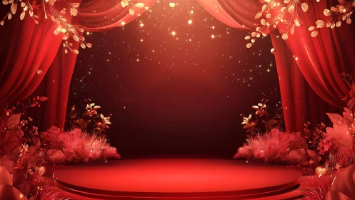 Red stage with curtains, floral decor and glowing lights.