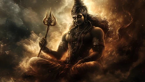 Mythic warrior deity in meditative pose amid volumetric fire haze