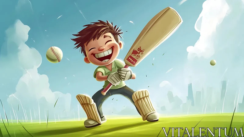 Joyful kid swings cricket bat on bright urban field