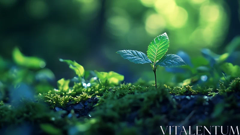 Young plant sprouting in mossy forest, vibrant natural style.