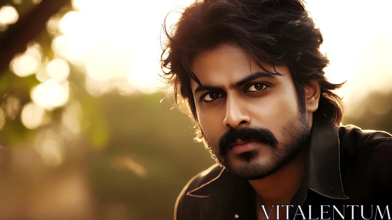 Bearded man with intense gaze in warm outdoor light.