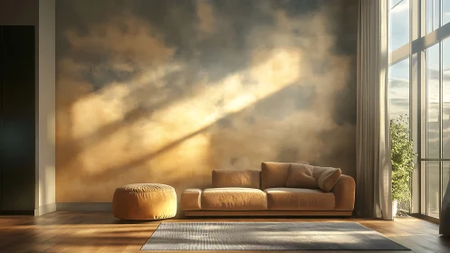 Sunlit clouds drift softly across a serene modern lounge