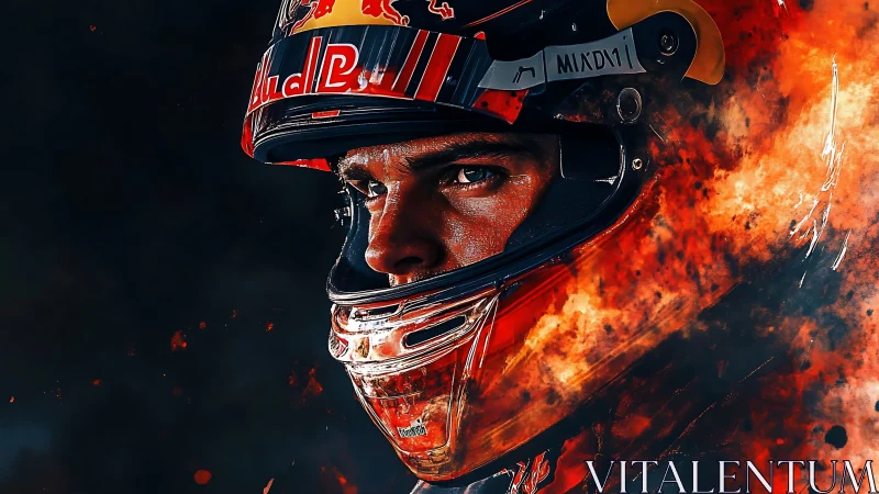 Close-up helmeted racing driver with dynamic fiery backdrop.