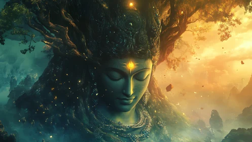 Divine forest goddess merges with radiant cosmic sunrise.
