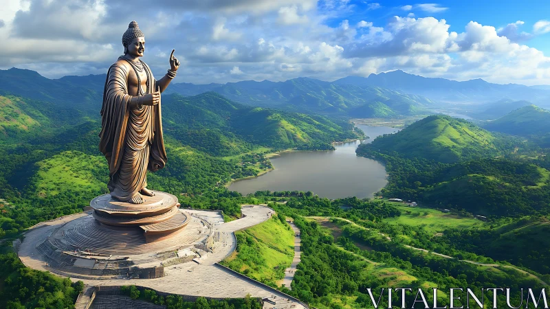 Colossal Buddha statue above lush lakeside mountain valley.