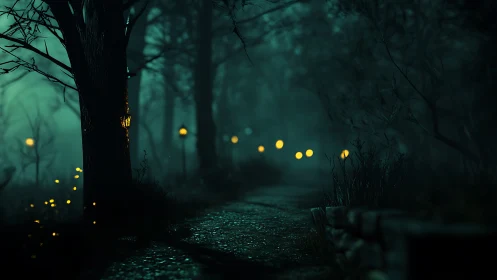 Nocturnal forest path illuminated by atmospheric bokeh lanterns