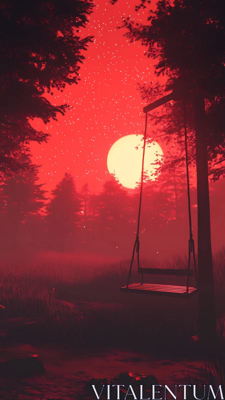 Crimson forest swing silhouetted against oversize setting sun.