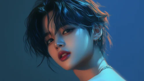 Moonlit gaze in neon hush, androgynous portrait aglow.