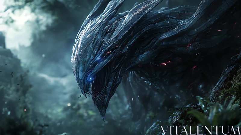 Bio-organic alien beast in misty forest environment.