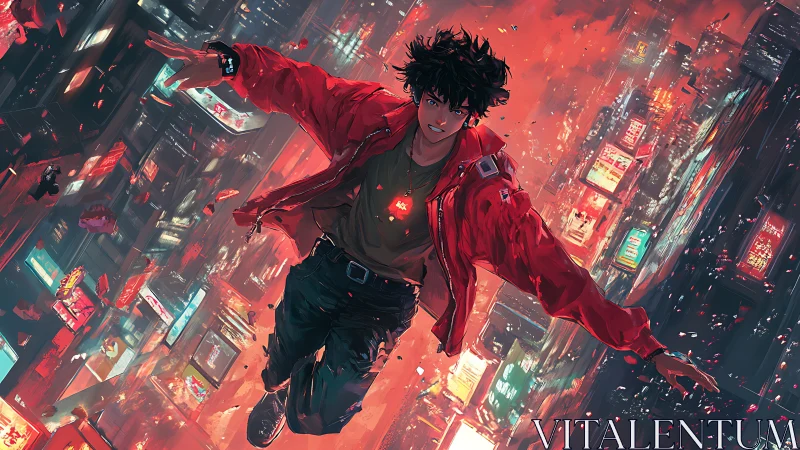 Male figure descending through neon urban canyon at night.