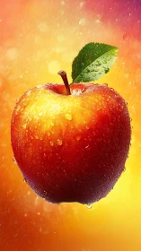 High-saturation dew-covered apple suspended in radiant light