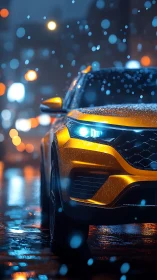 Golden SUV cuts through neon snowfall on wet night streets.