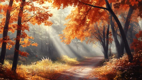Luminous Autumn Forest Canopy: Volumetric Light Through Deciduous Trees.