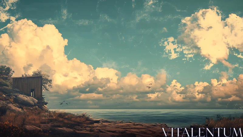 Coastal shack and stratocumulus sky rendered in warm atmospheric light