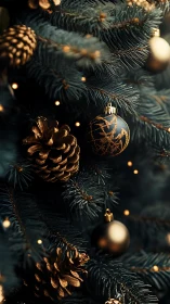 Christmas tree branch shows gold ornaments and pinecones
