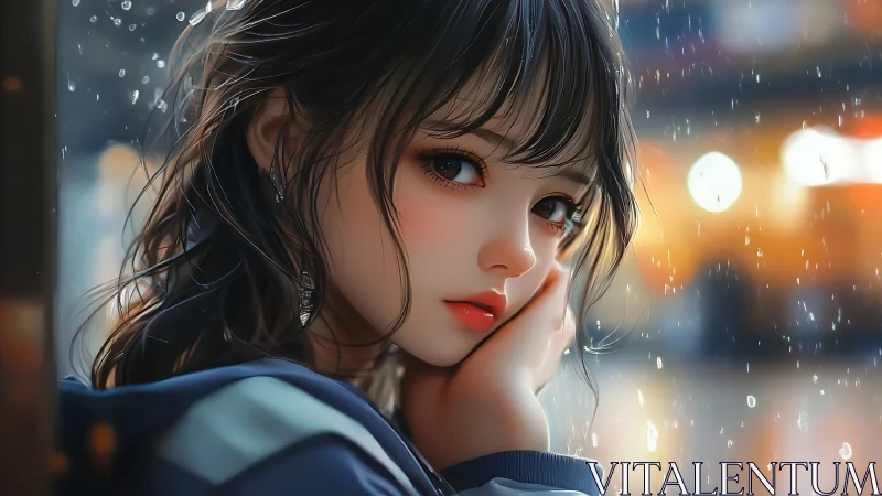 Melancholic anime girl gazes through rainy city lights softly