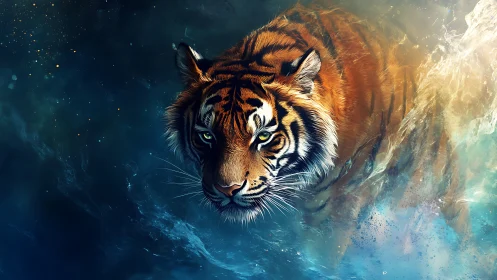 Digital illustration of tiger moving through abstract water.