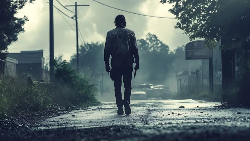 Solitary figure with gun on wet urban backstreet at dusk.