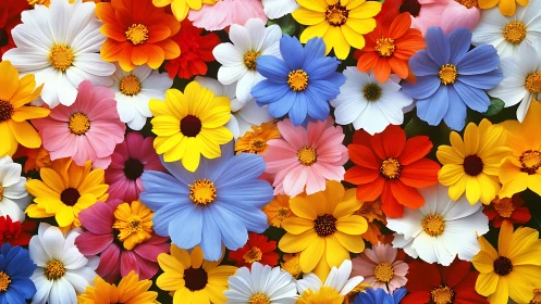 Composite floral assemblage with polychromatic daisy-type specimens arranged in dense visual configu