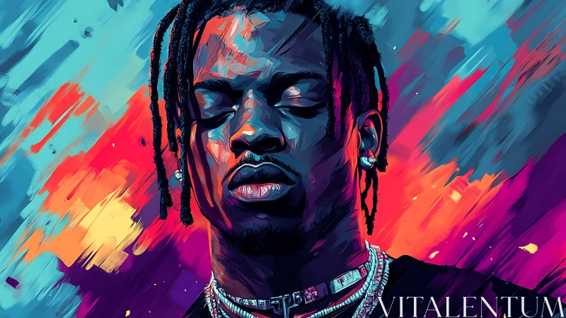 Vibrant portrait of a calm rapper in glowing neon color.