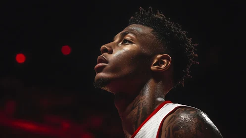 Basketball player portrait under dramatic arena spotlight.