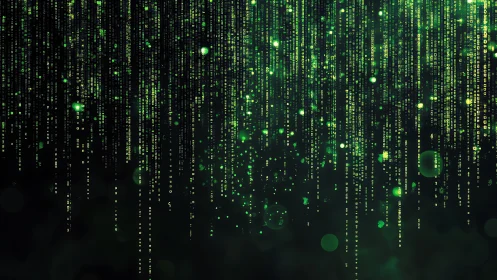 Neon green digital code rain falling over black void.