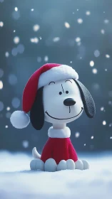 Snowy Christmas pup beams beneath twinkling winter glow.