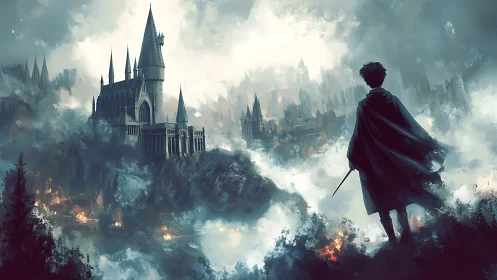 Silhouetted figure with wand observing stormy fantasy castle