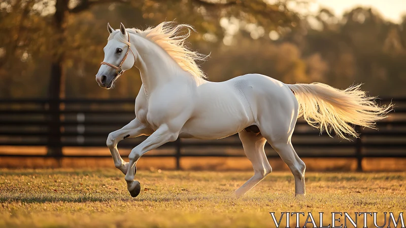 White horse galloping in sunlit pasture with fence backdrop.