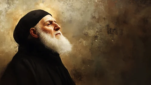 Elderly bearded man in profile with dark robe and hood.