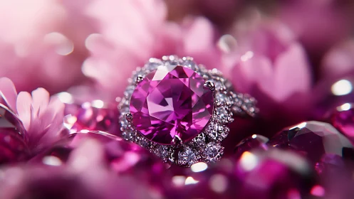Macro study of faceted magenta gemstone ring with halo diamonds