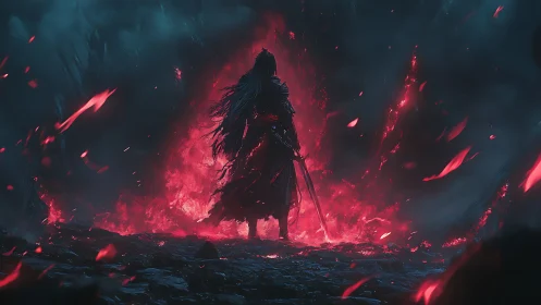 Solitary armored figure before red inferno portal field.