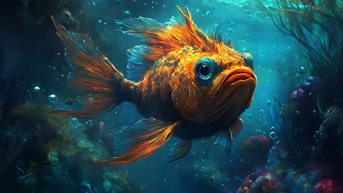 Vibrant orange fish in detailed fantasy underwater scene.