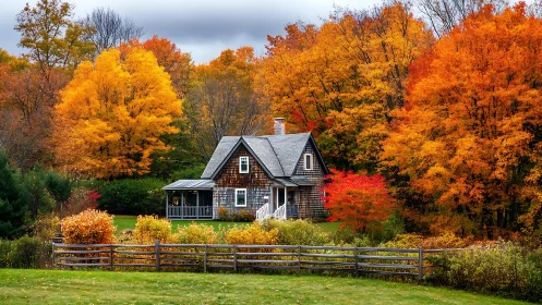 Photorealistic cottage amid layered autumn woodland composition.