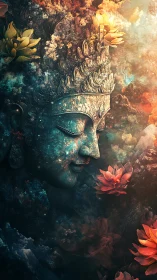 Mythic stone Buddha profile in floral nebula, warm bokeh light