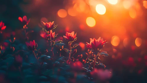 Deep-Field Floral Bokeh with Warm Chromatic Aberration.
