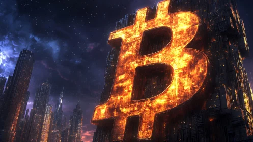 Glowing bitcoin monolith dominates futuristic rainy cityscape