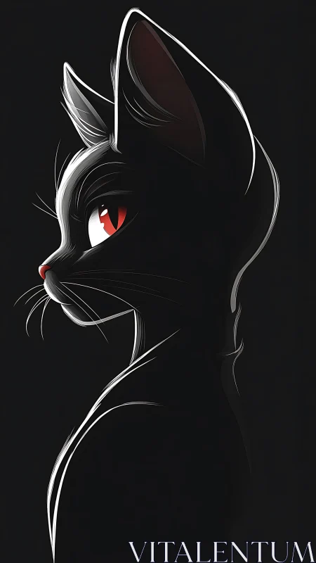 Black cat profile with red and white eye rendered as digital illustration