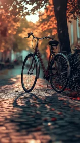 Vintage bicycle parked on cobblestone street bathed in golden hour bokeh