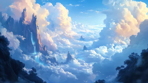 Ethereal cloudscape with cascading skyward cliffs in digital painting.