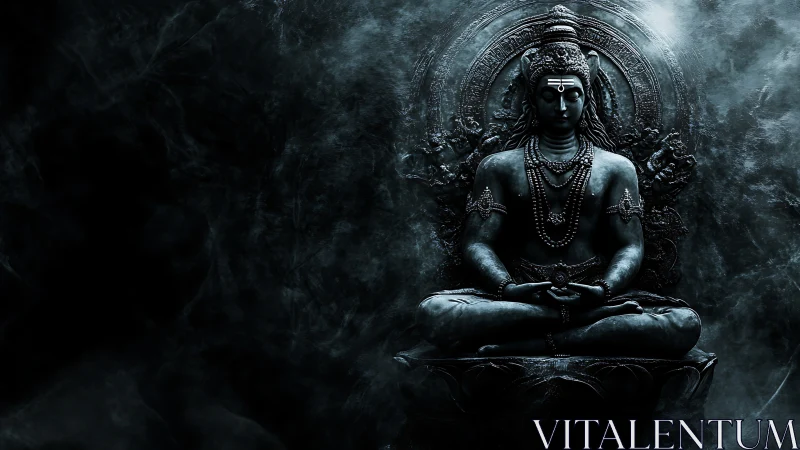 Monochrome meditative deity rendered in volumetric mist field.