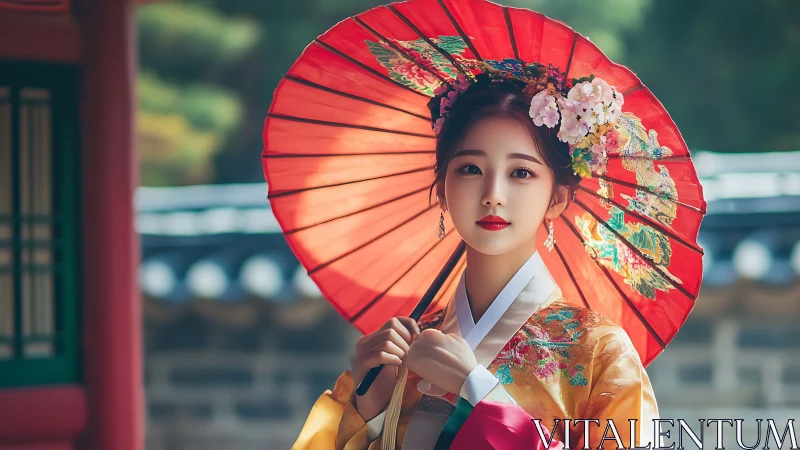 Graceful woman beneath a red parasol in traditional dress.