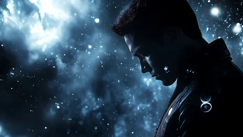 Silhouetted male profile in blue cosmic backlit particles.