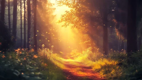 Sunlit Forest Path with Glowing Morning Light and Wildflowers.