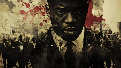 Intense suited figure dominates gritty urban montage design.