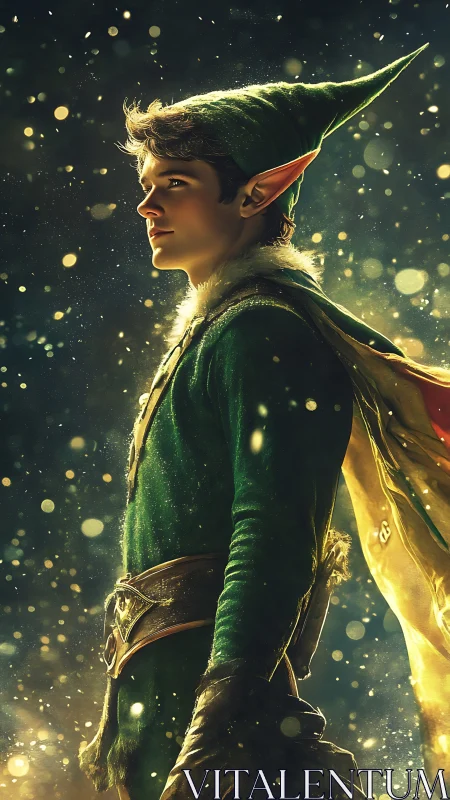 Elf hero in glowing forest light with cinematic profile pose.