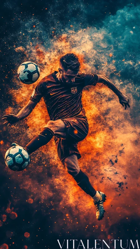Dynamic football striker suspended in fiery cosmic motion.