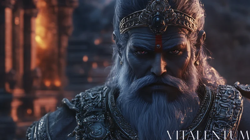 Mythic warrior king in ornate armor under molten light.